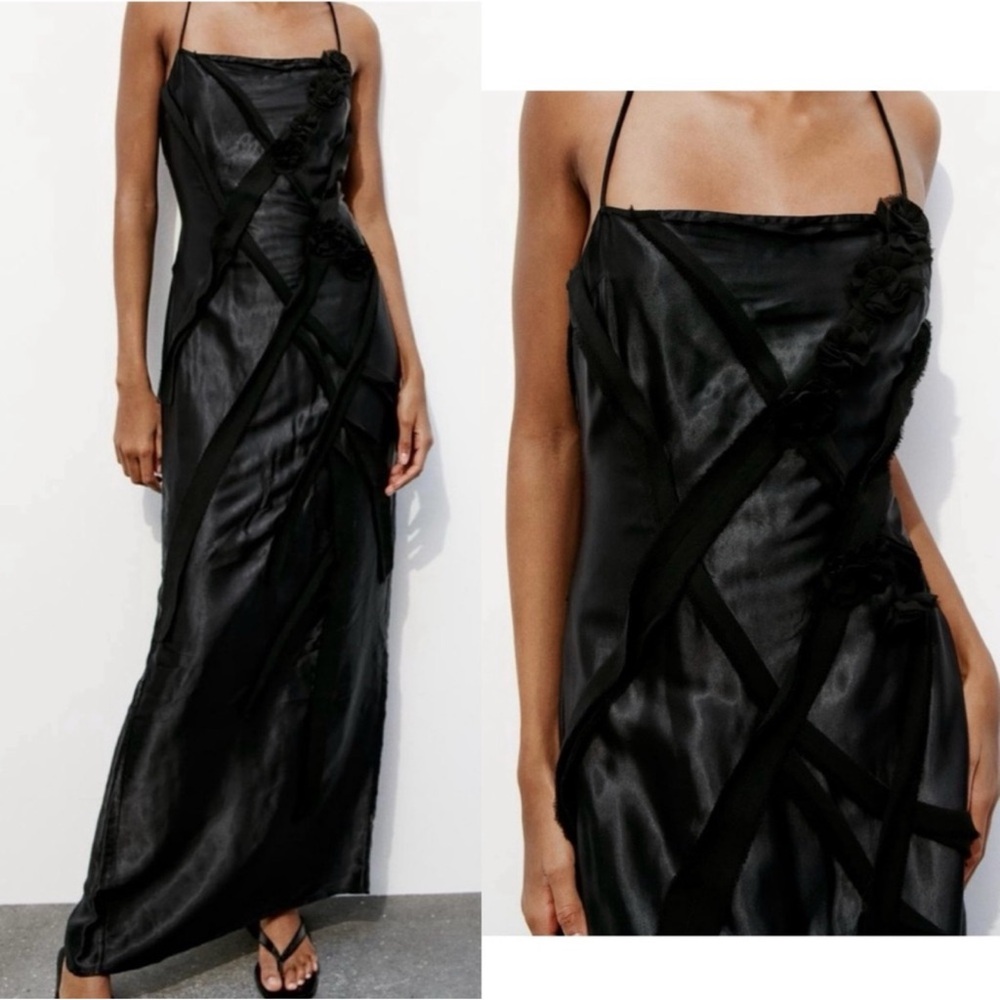 ZARA black satin maxi / midi dress with 3d flower appliqué & mesh detail